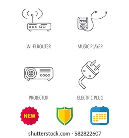 Electric plug, wi-fi router and projector icons. Music player linear sign. Shield protection, calendar and new tag web icons. Vector