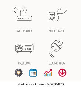 Electric plug, wi-fi router and projector icons. Music player linear sign. Calendar, Graph chart and Cogwheel signs. Download colored web icon. Vector