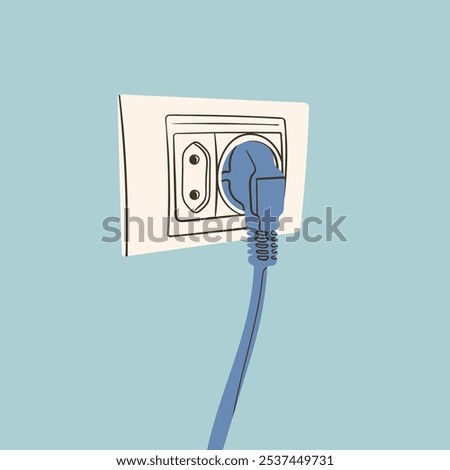 Electric Plug with wire, cord. Outlet plug plugged in Socket. Cartoon abstract trendy style. Hand drawn modern Vector illustration. Isolated design element. Cable network, charge, connect concept