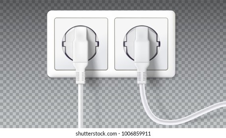 Clavijas eléctricas en el enchufe. Tapones blancos realistas insertados en la toma eléctrica, aislados en transparente. Icono de dispositivo para conectar electrodomésticos, equipo. Ilustración vectorial 3D.