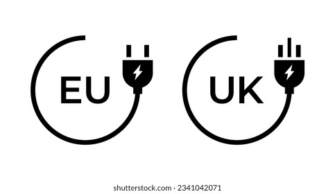 Electric plugs types vector icon set. Cable plugs uk, eu symbol