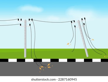 Electric pole damage and broken with Short Circuit Spark. Electric pole. Power Poles. Electric Power transmission. Vector Illustration Isolated on White Background.
