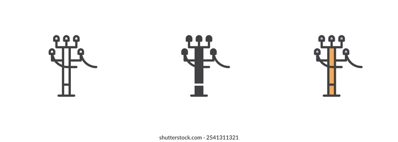 Conjunto de iconos de estilo diferente de poste eléctrico. Línea, glifo y contorno relleno versión colorida, contorno y signo de Vector relleno. Símbolo de líneas de alta tensión, ilustración de logotipo. Gráficos de Vector