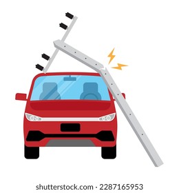 Electric Pole Fallen into Car. Nature Disaster, Accident, Accidental Damage, Car Accident. Vector Illustration. 