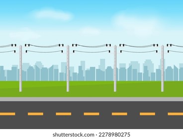 Electric pole in a field against blue sky. Electric pylons. Electric Power Transmission. High Voltage Pylon. Vector Illustration.