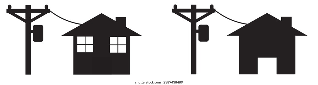 Electric pole and house icons, pole transmit electricity to house. Electric power supply symbol. Vector illustration.