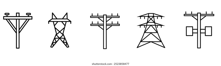 Ícone de polo elétrico, postes de rede de distribuição de eletricidade de alta tensão. Ícone de torre de cabo elétrico alto, ícones de eletricidade, ícones de linha de energia da torre de rede, ilustração vetorial 