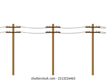 Electric pole isolated on white background. Wood power lines, Electric power transmission. High voltage wires. free space for text. copy space.