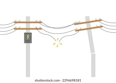 Electric pole isolated on white background. Wood power lines, Electric power transmission. Utility pole Electricity concept. High voltage wires. Broken electric pole vector. Vector illustration