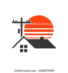 Electric pole line and house icon. Flat style. Isolated on white background.