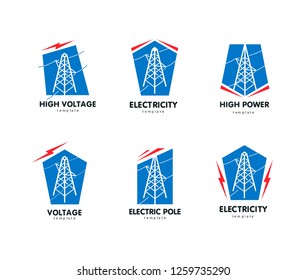 Electric pole logo set. High voltage lines icon.