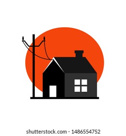 Electric pole near a house. Wires are attached to the home. 