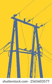 Electric pole poster blue and yellow graphics. Poster design with electricity industry - utility post illustration.