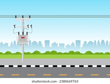 Electric pole. Power Poles. Electric Power transmission along the Road. Vector Illustration.	