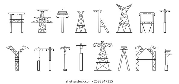 Electric pole set. Power line pylon energy transmission construction, electricity post with wires and cables, energy distribution infrastructure. Vector poles collection.