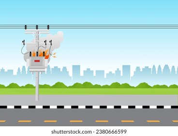 Electric pole and and Electric transformer broken with fire spark. Electric pole. Power Poles. Electric Power transmission. Vector Illustration.