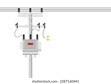 Electric pole and and Electric transformer damage and broken with Short Circuit Spark. Electric pole. Power Poles. Electric Power transmission. Vector Illustration Isolated on White Background.