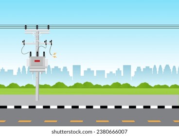 Elektrische Stange und Elektro-Transformator beschädigt und mit Short Circuit Spark gebrochen. Elektrischer Pol. Power Poles. Stromübertragung. Vektorgrafik.