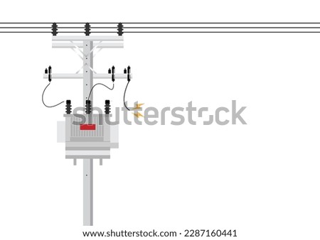 Electric pole and and Electric transformer damage and broken with Short Circuit Spark. Electric pole. Power Poles. Electric Power transmission. Vector Illustration Isolated on White Background.