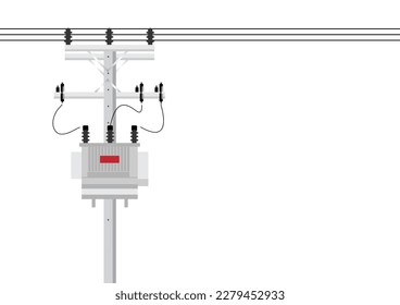 Electric pole and and Electric transformer. Electric pole. Power Poles. Electric Power transmission. Vector Illustration Isolated on White Background.