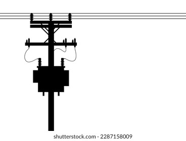 Electric pole and and Electric transformer. Electric pole. Power Poles. Electric Power transmission Silhouette. Vector Illustration Isolated on White Background.