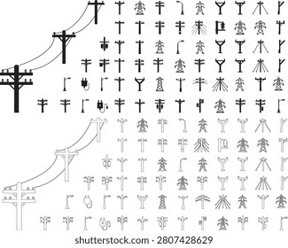 Electric Pole, Utility Pole, Power Line, Transmission Tower, Street Light, Electrical Infrastructure Icon Set Collection Group Black Flat and Line Vector Illustration Isolated