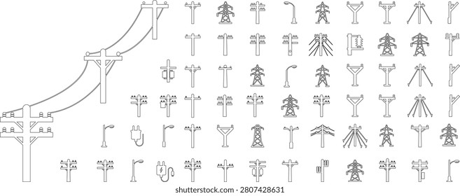 Electric Pole, Utility Pole, Power Line, Transmission Tower, Street Light, Electrical Infrastructure Icon Set Collection Group Black Flat and Line Vector Illustration Isolated