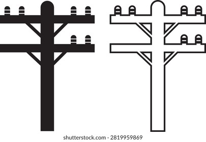 Electric Pole, Utility Pole, Power Line, Transmission Tower, Street Light, Electrical Infrastructure Icon Black Flat and Line Vector Illustration Isolated