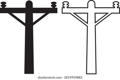 Electric Pole, Utility Pole, Power Line, Transmission Tower, Street Light, Electrical Infrastructure Icon Black Flat and Line Vector Illustration Isolated