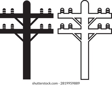 Electric Pole, Utility Pole, Power Line, Transmission Tower, Street Light, Electrical Infrastructure Icon Black Flat and Line Vector Illustration Isolated