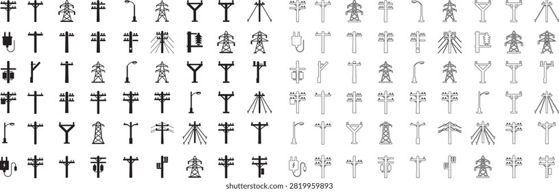 Electric Pole, Utility Pole, Power Line, Transmission Tower, Street Light, Electrical Infrastructure Icon Black Flat and Line Vector Illustration Isolated