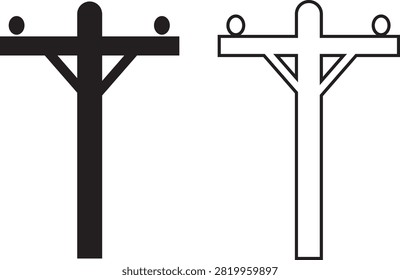 Electric Pole, Utility Pole, Power Line, Transmission Tower, Street Light, Electrical Infrastructure Icon Black Flat and Line Vector Illustration Isolated
