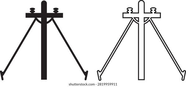 Electric Pole, Utility Pole, Power Line, Transmission Tower, Street Light, Electrical Infrastructure Icon Black Flat and Line Vector Illustration Isolated
