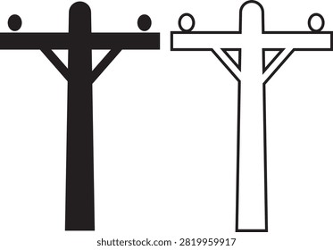 Electric Pole, Utility Pole, Power Line, Transmission Tower, Street Light, Electrical Infrastructure Icon Black Flat and Line Vector Illustration Isolated