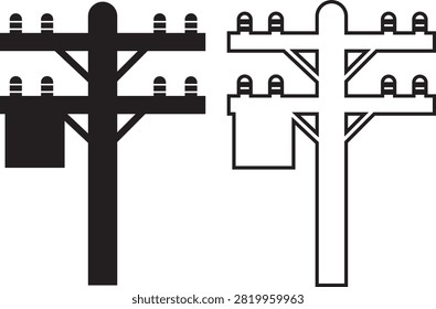 Electric Pole, Utility Pole, Power Line, Transmission Tower, Street Light, Electrical Infrastructure Icon Black Flat and Line Vector Illustration Isolated