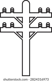 Electric Pole, Utility Pole, Power Line, Transmission Tower, Street Light, Electrical Infrastructure Icon Black Flat and Line Vector Illustration Isolated