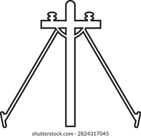 Electric Pole, Utility Pole, Power Line, Transmission Tower, Street Light, Electrical Infrastructure Icon Black Flat and Line Vector Illustration Isolated