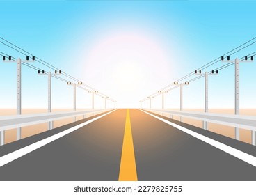 Electric Poles along the Road. Electric pylons. Electric Power Transmission. High Voltage Pylon. Vector Illustration.