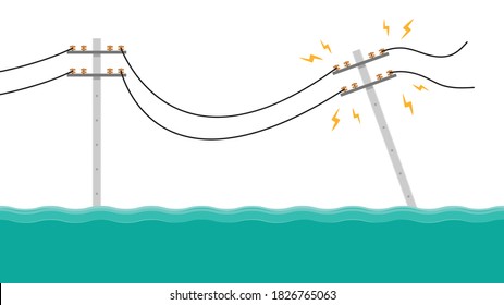 Electric poles flood. Broken electric pole vector. electric pole on white background. flood.