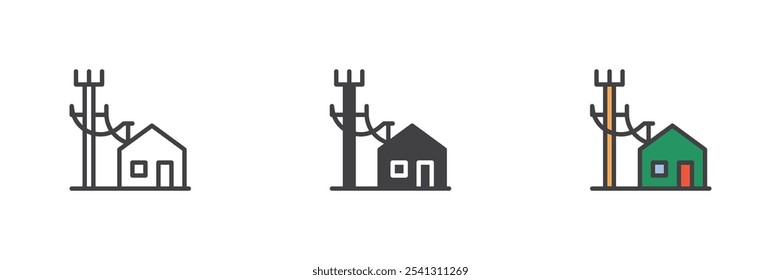 Electric poles line and house different style icon set. Line, glyph and filled outline colorful version, outline and filled vector sign. Symbol, logo illustration. Vector graphics