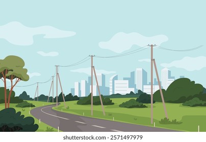 Electric poles near the road. Power lines. High voltage cables, hanging wires, supports. Power transmission lines that deliver energy. Vector illustration