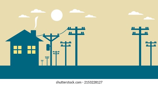 Electric poles power transmit electricity to city home with sun and clouds with copy space blue icon on brown background banner flat vector design.