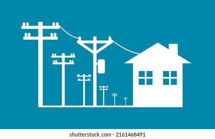 Electric poles power transmit electricity to city home icon on blue background flat vector design.