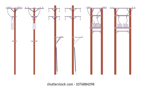 Electric poles set. Utility wires for electrical power distribution in city, cable television and telephone. Landscape architecture and urban design concept. Vector flat style cartoon illustration