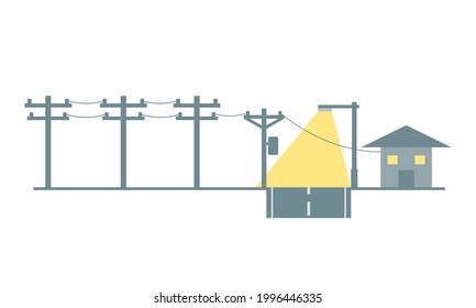 Electric poles to transmit electricity to house with street lamp light icon flat vector.