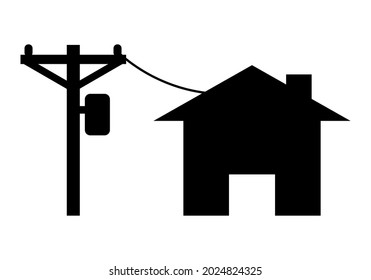 Electric poles to transmit electricity to house or home on white background black icon flat vector.