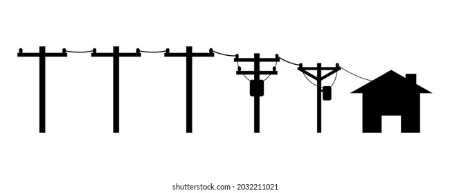 Electric poles to transmit electricity to house or home on white background black icon flat vector.