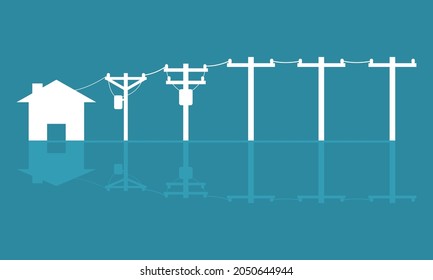 Electric poles to transmit electricity to house or home on blue background white icon flat vector.