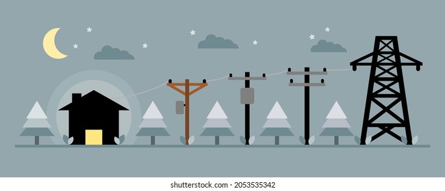 Electric poles to transmit electricity to house or home with tree night time icon flat vector design. Concept eco clean green energy environmentally friendly.