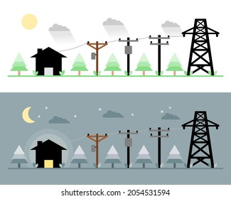 Electric poles to transmit electricity to house or home with tree night and day time icon flat vector design. Concept eco clean green energy environmentally friendly.